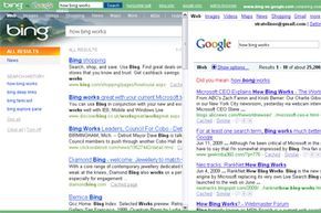 The homepages of bing-vs-google.com comparing search results for the same query.