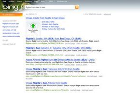 A Bing travel page displaying a list of available flight options through various links.