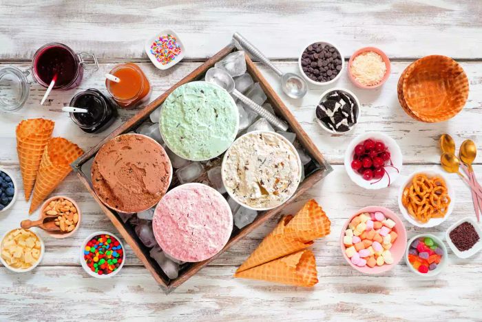 Ice Cream Bar Top View on a Rustic White Wooden Table Background
