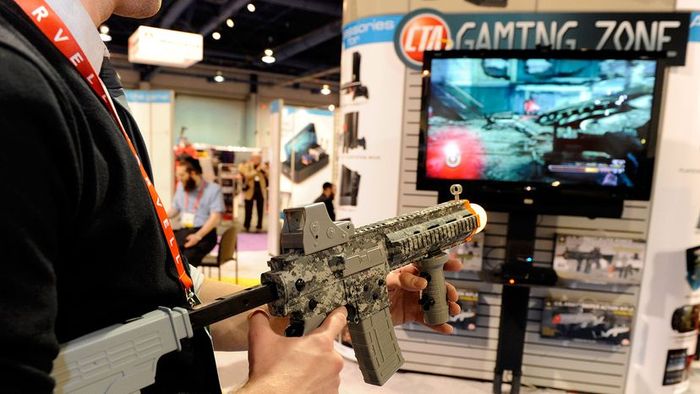 A person engaging in an augmented reality video game experience.