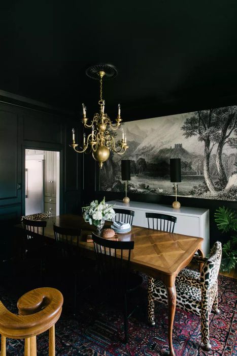 Gothic dining room featuring gold accents and animal prints