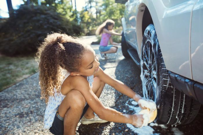 Girls Washing the Car for Father's Day