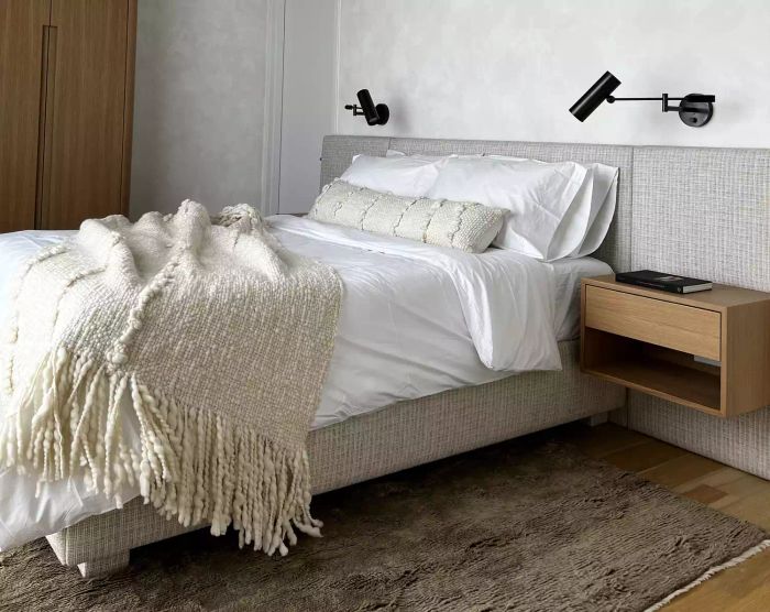 custom headboard paper lantern lighting in bedroom