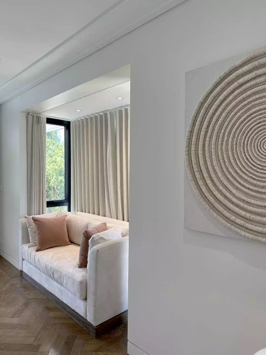 neutral art white walls living room