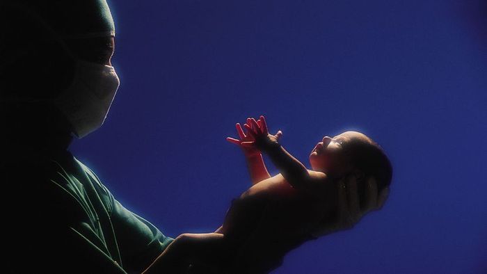 Health care professional gently holding a baby.