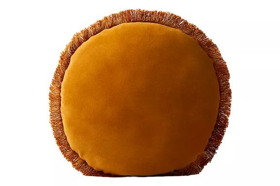 CB2 Bettie Tapenade Yellow Velvet Round Throw Pillow, 16-inch version