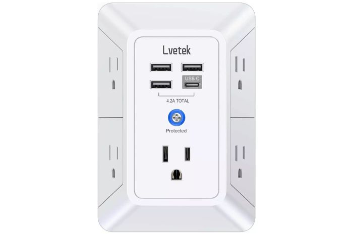 Amazon 5-Outlet Surge Protector Wall Charger provides multiple outlets to keep your devices powered safely.