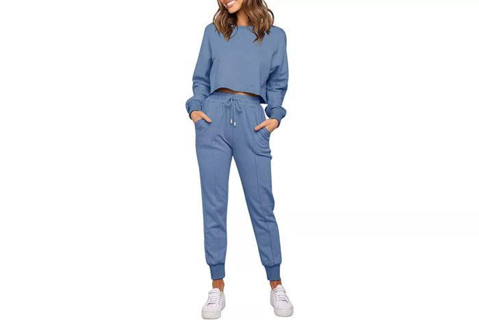 Amazon ZESICA Women's Long Sleeve Crop Top and Pants Pajama Sets in blue offer cozy jogger style for lounging.