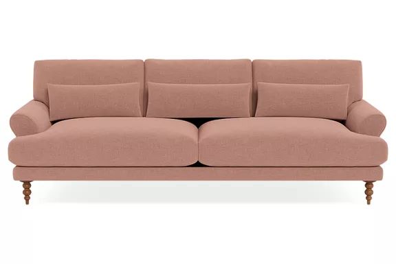 Interior Define sofa / Maxwell / Rose Performance Chenille / Oiled Walnut Tapered turned wood legs / 86
