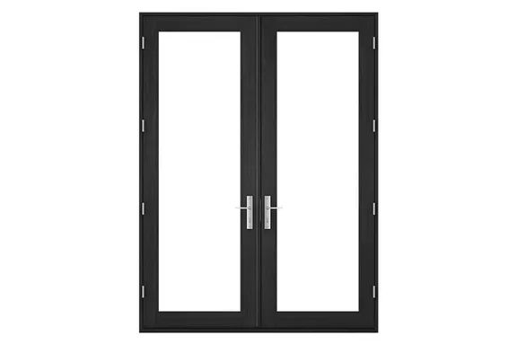 Pella Reserve contemporary inswing door with black aluminum-clad exterior, black stained interior, and black hardware