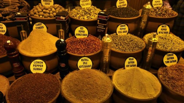 A vibrant stall at the Spice Bazaar in Istanbul, Turkey.