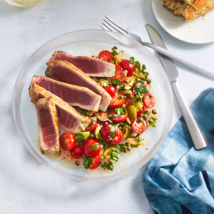 Seared Tuna with Tomato-Olive-Caper Salad