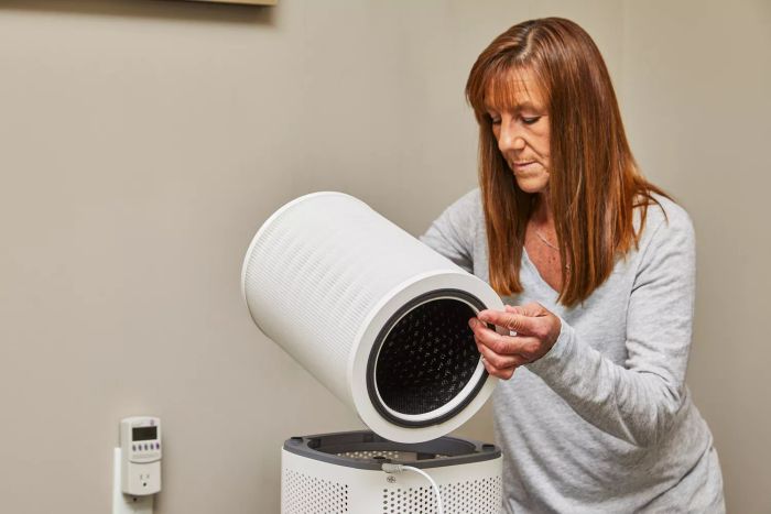 An individual adjusting the Clorox Large Room True HEPA Air Purifier settings