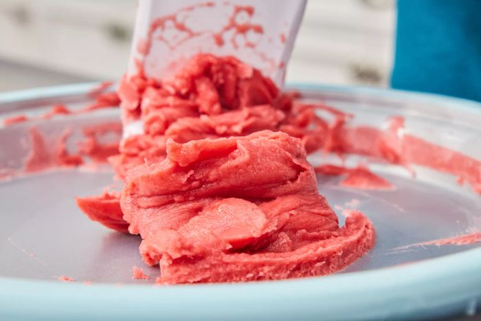 A close-up shot of a utensil and vibrant red sorbet inside the Chef'n Sweet Spot Ice Cream Maker.