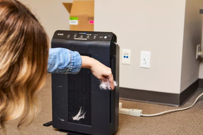 A person is holding a fuzz ball in front of the Winix 5500-2 4-Stage True HEPA Air Purifier.