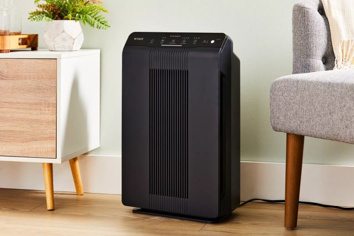 The Winix 5500-2 4-Stage True HEPA Air Purifier placed on a wooden floor.
