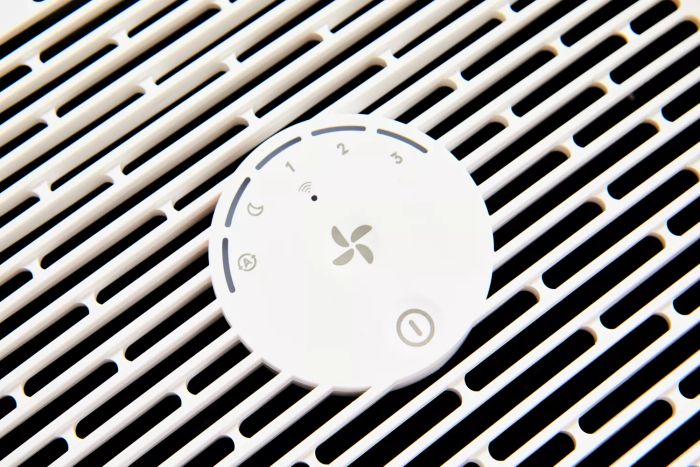 A close-up view of the control panel on the Blueair Blue Pure 411i Max Air Purifier.