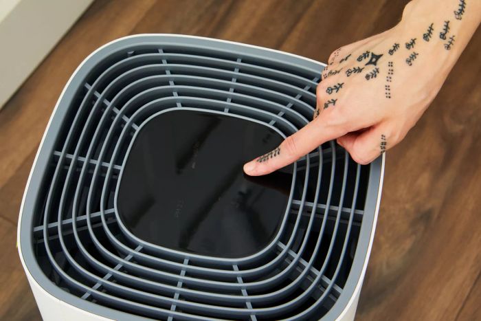 A hand pointing at the Clorox Large Room True HEPA Air Purifier