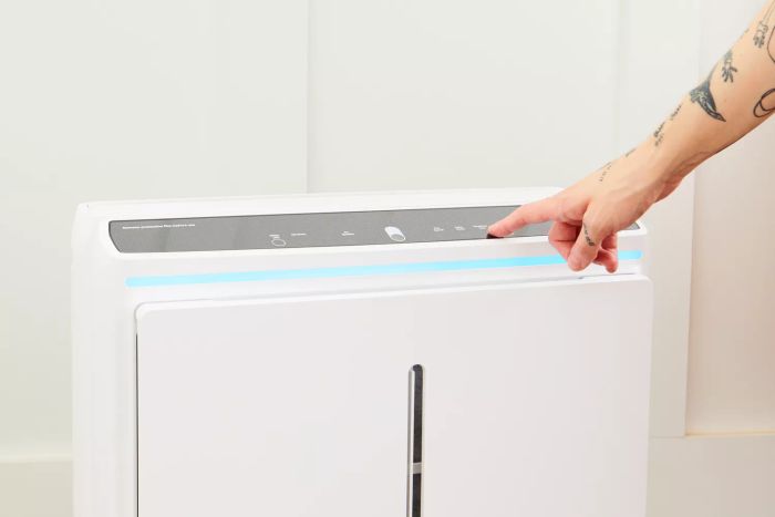 A person presses the buttons on the Rabbit Air A3 Ultra Quiet HEPA Air Purifier's control panel.