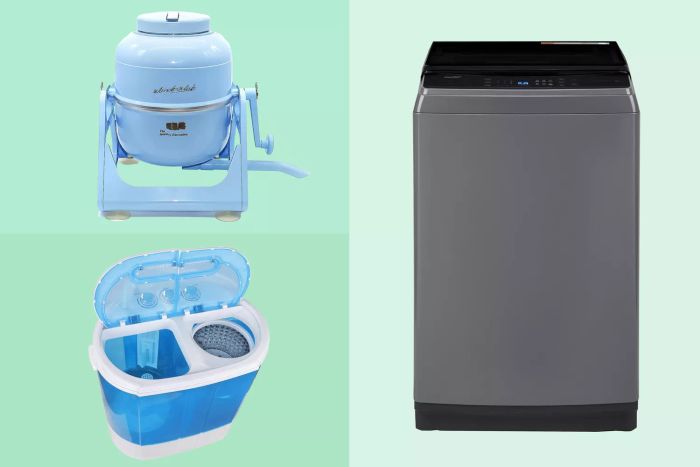 A collection of three highly recommended portable washing machines set against vibrant green backdrops