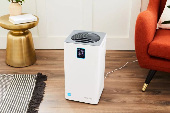 The Kenmore 1500e Air Purifier with SilentClean HEPA Technology placed on a wooden floor in a home environment