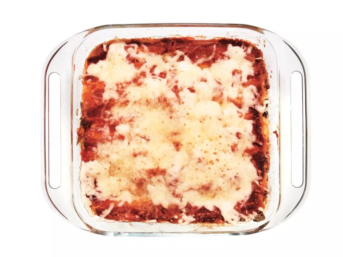 Simple microwave lasagna in a glass baking dish.