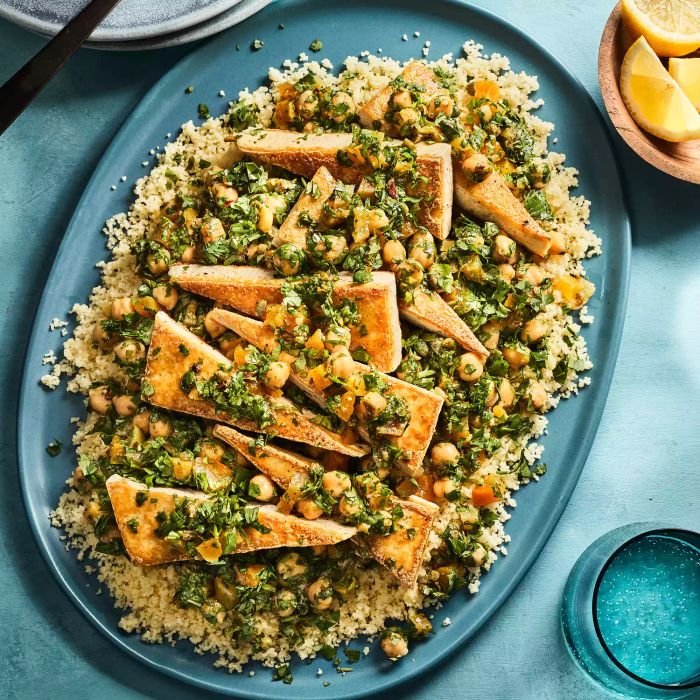 lemon-pepper tofu with apricot-chickpea salsa
