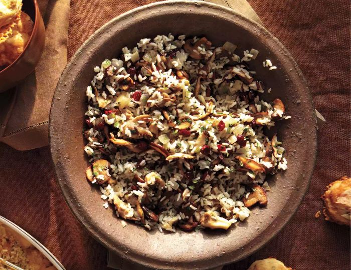 Wild Rice and Mushroom Pilaf with Cranberries in a Brown Bowl