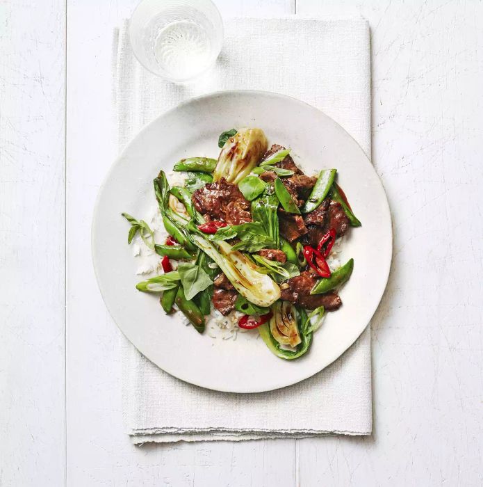 Steak Stir-Fry with Snap Peas, Bok Choy, and Basil