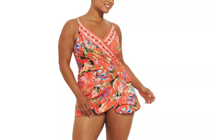 Lands' End Women's Plus Size Tulip Wrap Mini Swim Dress One Piece Swimsuit