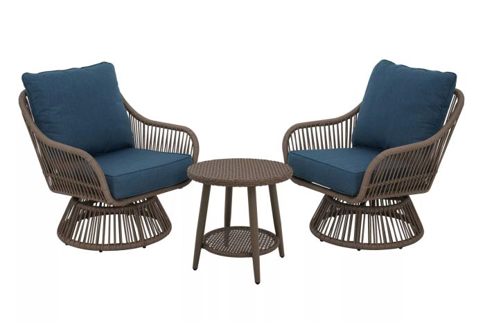 Lowe's Origin 21 Killian 3-Piece Wicker Patio Conversation Set with Blue Cushions