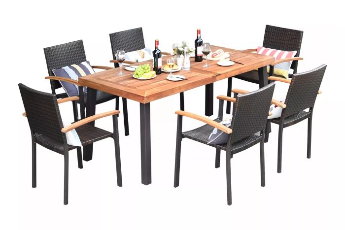 Target Costway 7PCS Patio Rattan Dining Set Acacia Wood Table Top Stackable Chairs