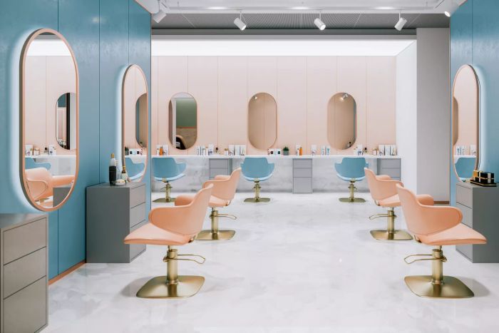 A photo showing the interior of a quiet, vintage beauty salon with retro elements.