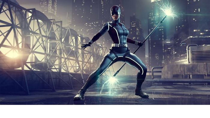 A female superhero wielding a staff crackling with electrical energy.