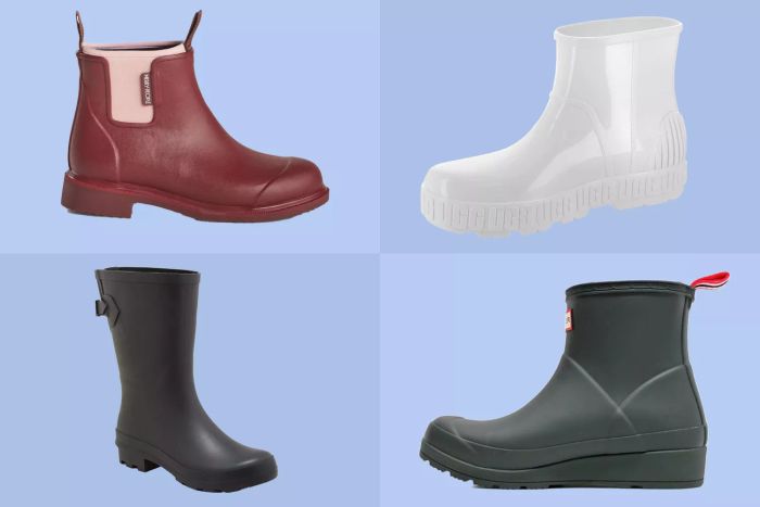 A vibrant display of rain boots set against a colorful backdrop