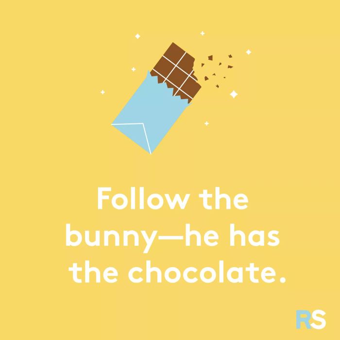 Easter quotes, captions, and messages - Follow the bunny—he has the chocolate.