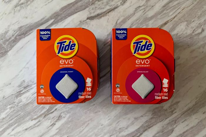 Two boxes of Tide Evo Concentrated Detergent on display.
