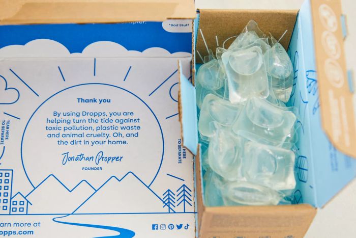 Dropps Sensitive Skin & Baby Laundry Detergent Pods neatly arranged inside their packaging