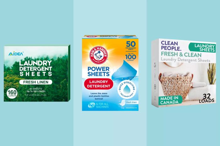 A collection of three recommended Laundry Detergent Sheets against different blue backdrops
