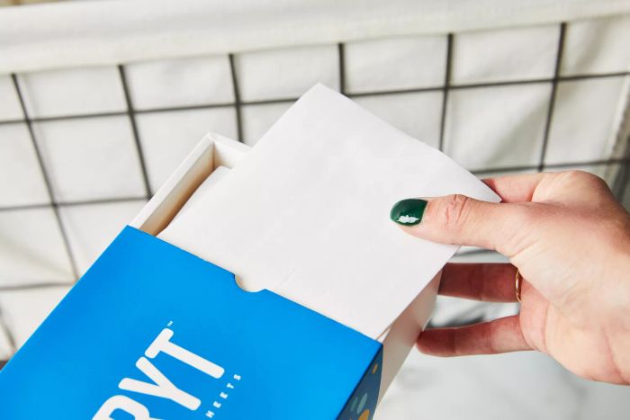 Hands holding a box of Bryt Laundry Detergent Sheets