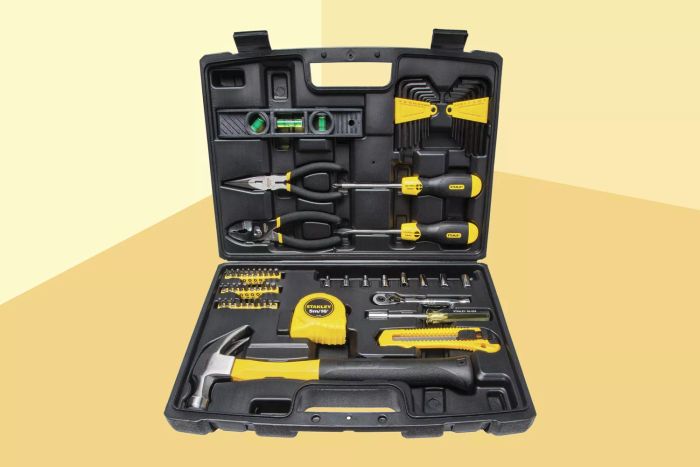 A standout tool kit on a vibrant yellow backdrop.