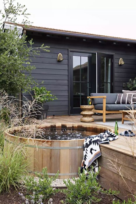 deck with attached hot tub