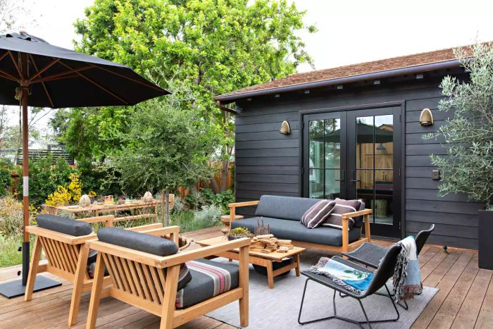 Deck with patio furniture and an umbrella