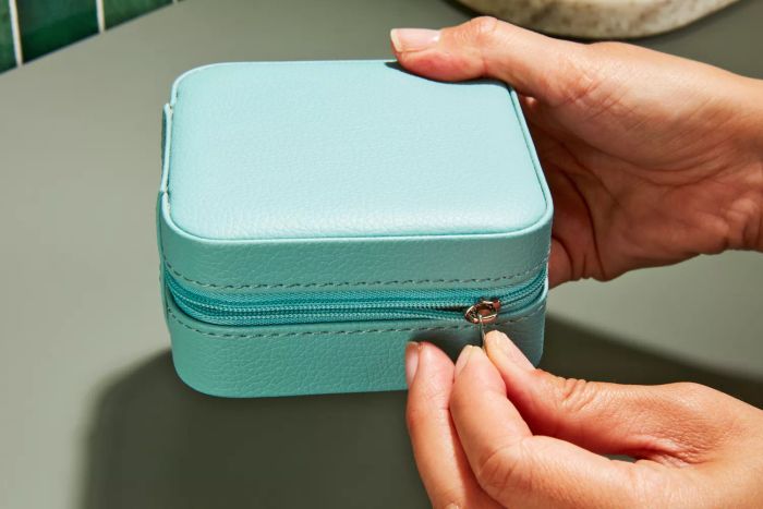 Close-up view of the Vee Small Travel Jewelry Case