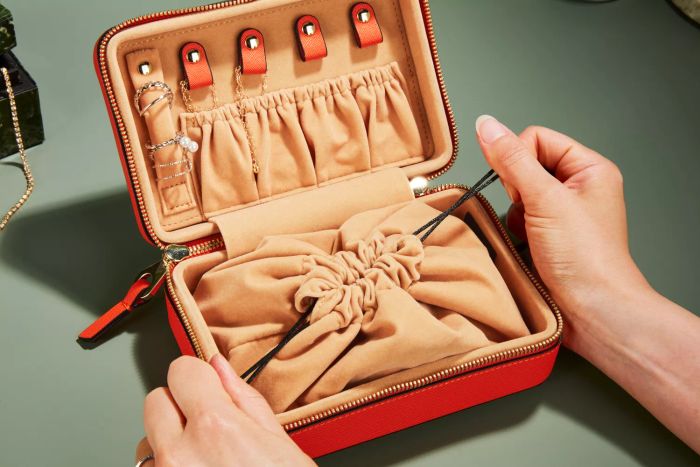 The Calpak Jewelry Case securely fastened