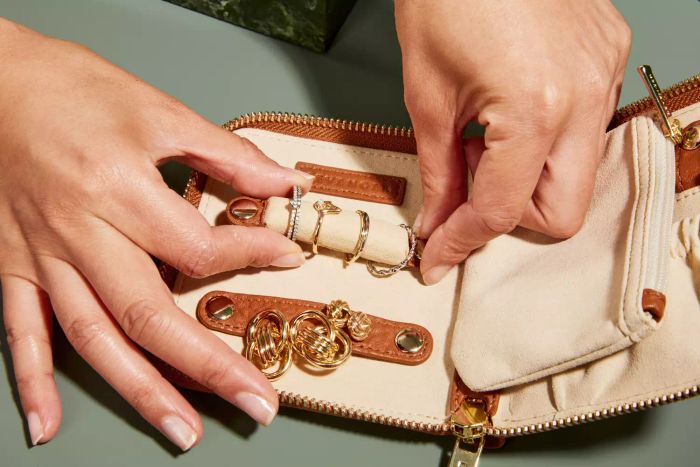 A close-up shot of the Levenger Carrie Mini Jewelry Organizer