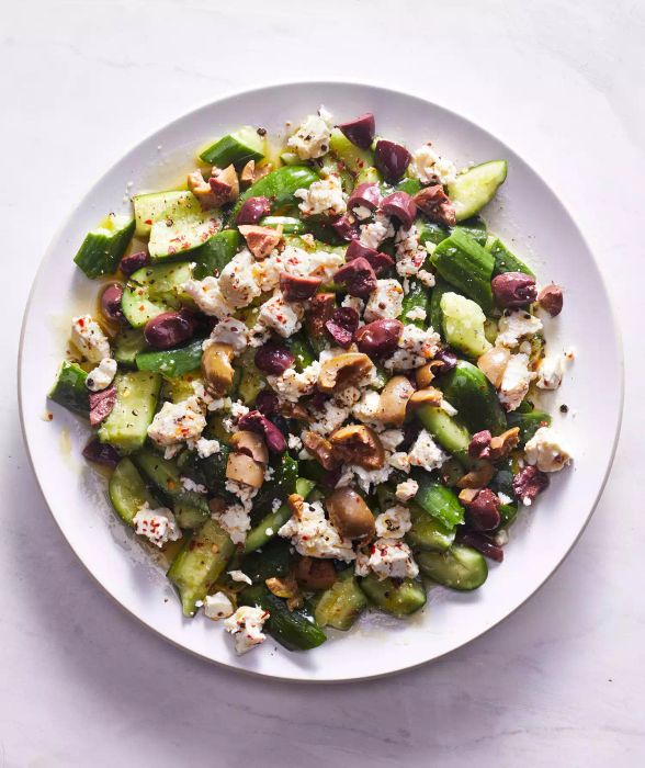 Spicy Feta and Olive Smashed Cucumber Salad