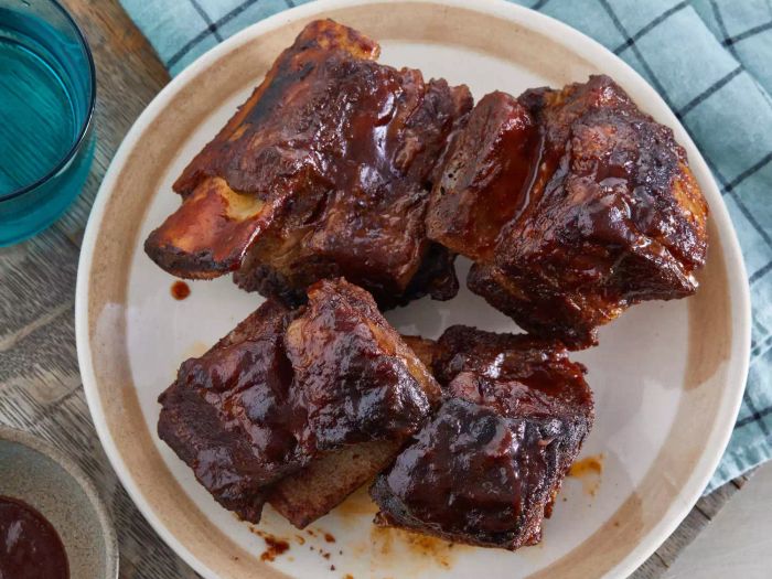 A top-down view of grilled, glazed BBQ ribs