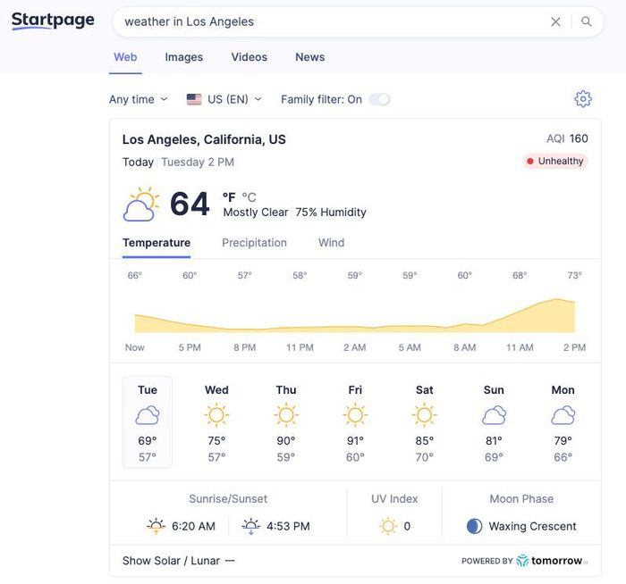 Startpage weather interface screenshot