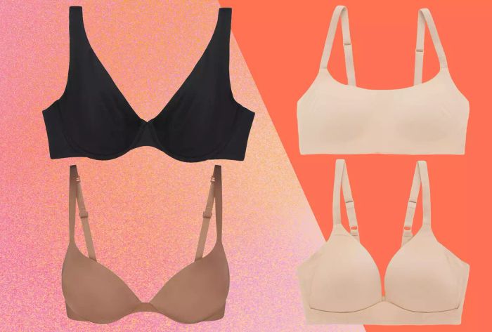 Skims Ultimate Teardrop Push-Up Bra, ThirdLove 24/7 Classic Second Skin Unlined Bra, Aerie Smoothez Bra-ish Wireless Bralette, and Aerie Sunnie Wireless Lightly Lined Bra set against a red backdrop.